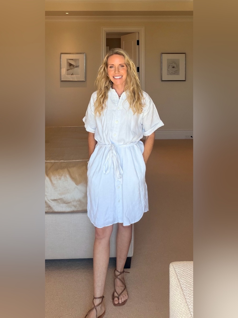 J. Crew White Linen Button-Front Shirt Dress with Tie Waist
